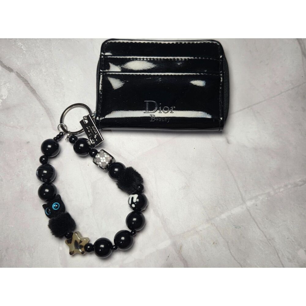 Cute Christian Dior Diva Black Zippered Coin and CCD Holder w Beaded Bracelet